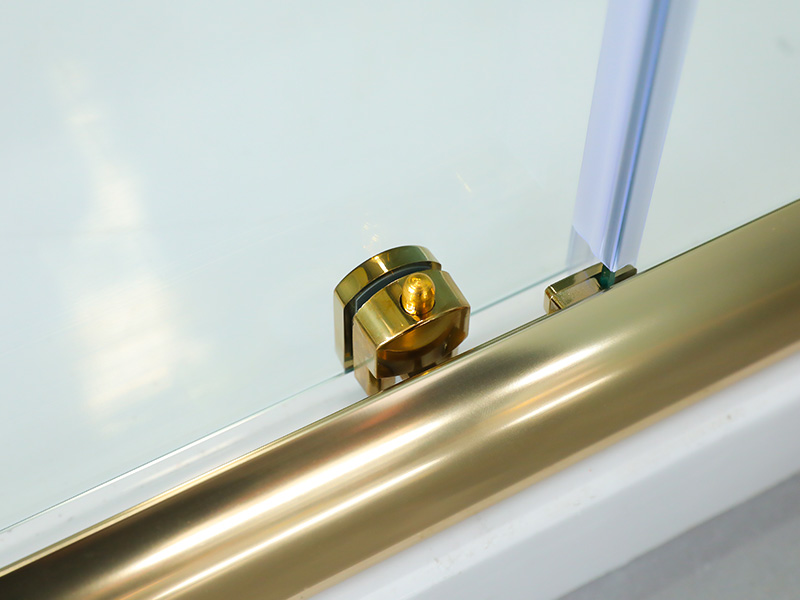 Kabina prysznicowa przesuwna SQUARE, przezroczyste szkło hartowane z nadrukiem, złoty profil aluminiowy, uchwyt z podwójnymi otworami, z tacą Kabina prysznicowa przesuwna SQUARE, przezroczyste szkło hartowane z nadrukiem, złoty profil aluminiowy, uchwyt z podwójnymi otworami, z tacą