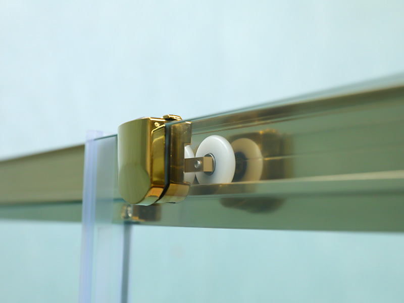 Kabina prysznicowa przesuwna SQUARE, przezroczyste szkło hartowane z nadrukiem, złoty profil aluminiowy, uchwyt z podwójnymi otworami, z tacą Kabina prysznicowa przesuwna SQUARE, przezroczyste szkło hartowane z nadrukiem, złoty profil aluminiowy, uchwyt z podwójnymi otworami, z tacą