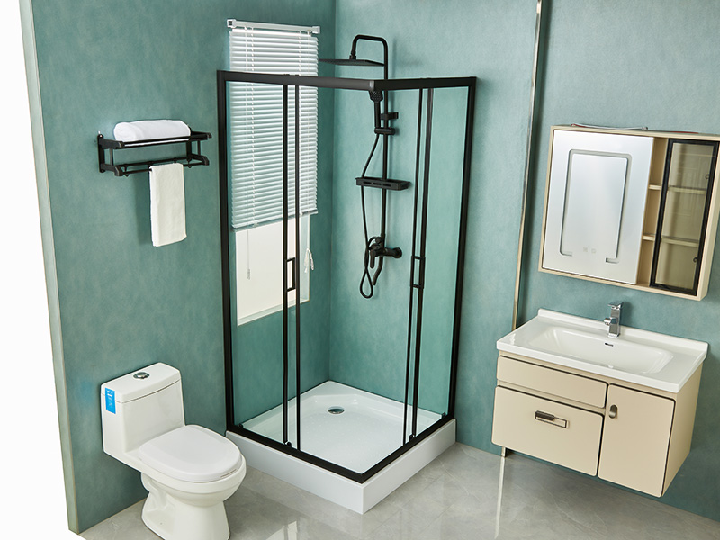 Kabina prysznicowa przesuwna SQ, przezroczyste szkło hartowane, czarny profil aluminiowy, uchwyt z podwójnymi otworami, z tacą Kabina prysznicowa przesuwna SQ, przezroczyste szkło hartowane, czarny profil aluminiowy, uchwyt z podwójnymi otworami, z tacą