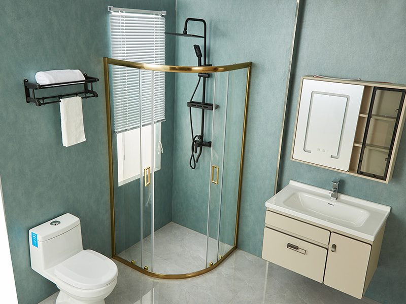 Przesuwana kabina prysznicowa SE, przezroczyste szkło hartowane, złoty profil aluminiowy, uchwyt z podwójnymi otworami, bez brodzika Przesuwana kabina prysznicowa SE, przezroczyste szkło hartowane, złoty profil aluminiowy, uchwyt z podwójnymi otworami, bez brodzika