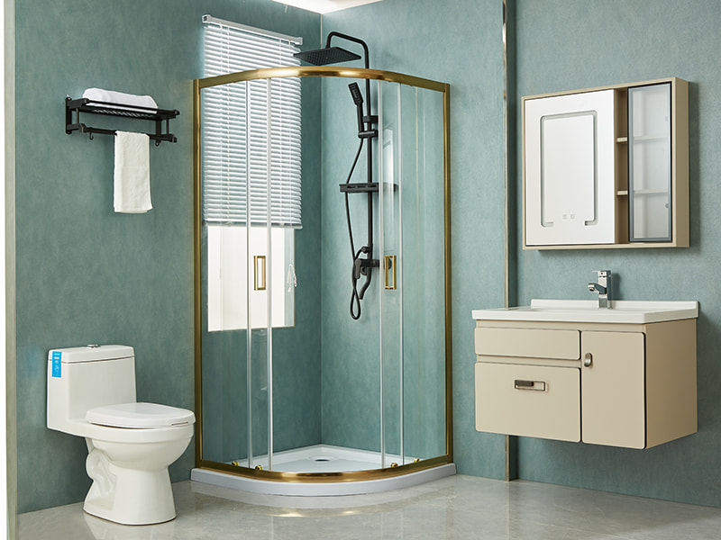 Przesuwana kabina prysznicowa SE, przezroczyste szkło hartowane, złoty profil aluminiowy, uchwyt z podwójnymi otworami, bez brodzika Przesuwana kabina prysznicowa SE, przezroczyste szkło hartowane, złoty profil aluminiowy, uchwyt z podwójnymi otworami, bez brodzika