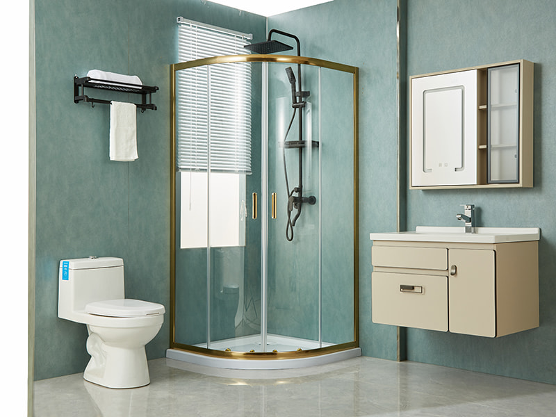 Przesuwana kabina prysznicowa SE, przezroczyste szkło hartowane, złoty profil aluminiowy, uchwyt z podwójnymi otworami, bez brodzika Przesuwana kabina prysznicowa SE, przezroczyste szkło hartowane, złoty profil aluminiowy, uchwyt z podwójnymi otworami, bez brodzika